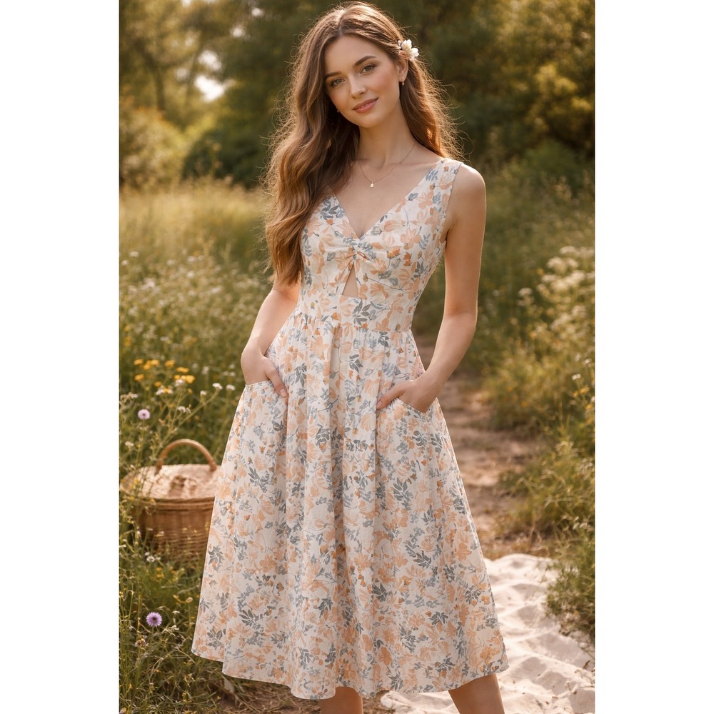 Joie Floral Fit Flare Dress Womens Size 6 Tiered Pockets Cottagecore Midi